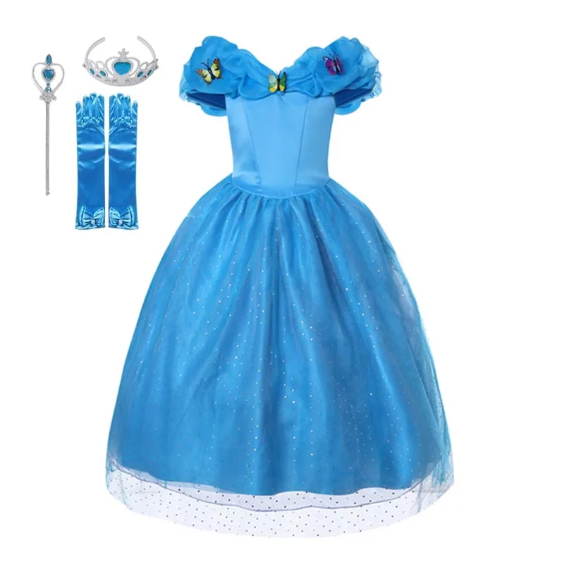 Платья для девочек платье принцессы Золушки для девочек детский праздничный костюм сказок для косплея детская сценическая фантастичная одежда пачка - Цвет: with crown gloves