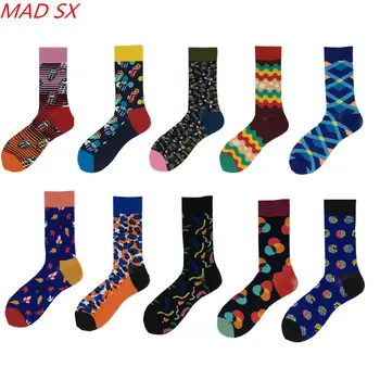 

10 pairs/lot Men Fun & Funky Colorful Happy Cotton dress socks Fashionable Patterned Hip hop casual Cool man socks