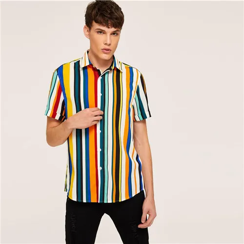 ROMWE мужские Разноцветные полосатые повседневные рубашки на одной пуговице, летние мужские рубашки с коротким рукавом и отложным воротником в разноцветную полоску - Цвет: Многоцветный