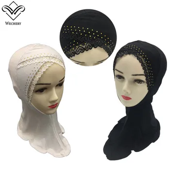 

Wechery Elegant Lace Hijab Scarf Cross Wrap Instant Hijab Cap for Women Black White Hijabs Sequins Decorsted Head Scarfs