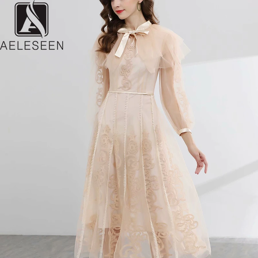 

AELESEEN Luxury Princess Embroidery Dress 2019 Summer Runway High Quality Flower See-Through Cloak Mesh Mid-Calf Elegant Dress