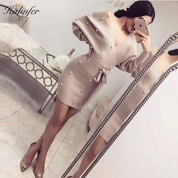 

Halinfer 2018 New summer women dress sexy bodycon V-Neck Beading bandage dress celebrity party dresses vestidos