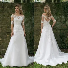 Кружевное иллюзионное ТРАПЕЦИЕВИДНОЕ свадебное платье с рукавами из прозрачной органзы vestido de noiva princesa