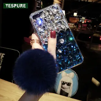 

YESPURE Rabbit Fur Ball Handphone Cover For Iphone 6 Plus Glitter Bling Diamond Cell Phone Bag Accesorios Para Celular For Girl