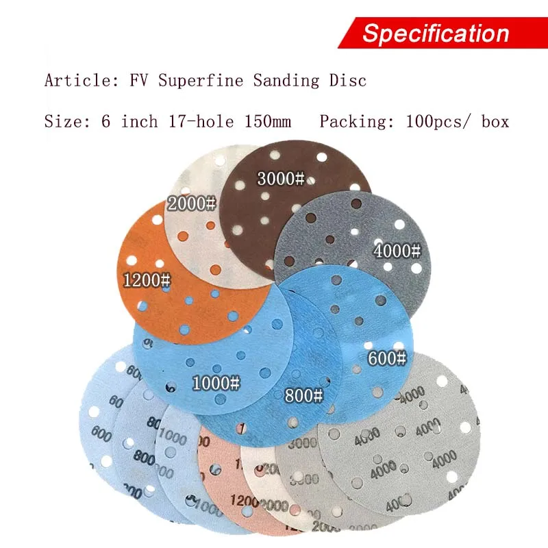 6 дюймов 17 отверстий FV Сверхтонкий шлифовальный диск Водонепроницаемая наждачная бумага 600-4000 Грит для влажной или сухой автомобильной полировки(упаковка из 10