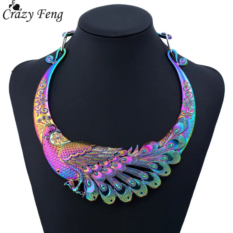 Crazy Feng Retro Ethnic Carved Colorful Peacock Big Necklace Indian Maxi Jewelry Women Silver Color Exaggerated Necklace Bijoux Crazy Feng Retro Ethnic Carved Colorful Peacock Big Necklace Indian Maxi Jewelry Women Silver Color Exaggerated Necklace Bijoux
