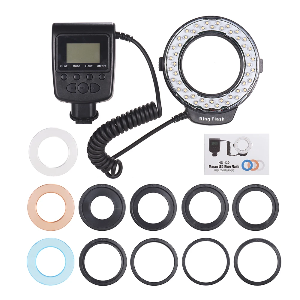 

HD-130 Macro LED Ring Flash Display 3000-15000K with 3 Flash Diffusers 8 Adapter Rings for Canon Nikon Pentax Olympus