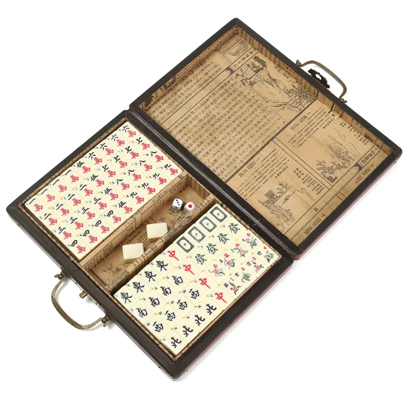 

Portable Bamboo Retro Mahjong Box Rare Chinese 144 Mah-Jong Set with Case Box For Board Game Players Ivory Color