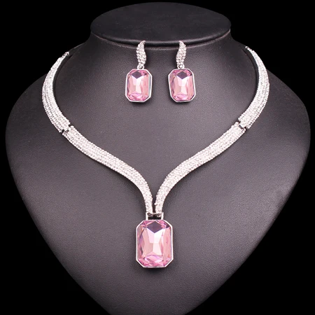 light pink Мода AAA Кристалл колье ожерелье и серьги наборы свадебных ювелирных изделий невесты Свадебный костюм Ювелирные изделия Подарки для женщин - Окраска металла: light pink
