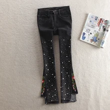 Джинсы для женщин белые бриллианты брюки тонкие джинсы женские Стретч расклешенные брюки модные джинсы с высокой талией Femme эластичные джинсовые брюки A551