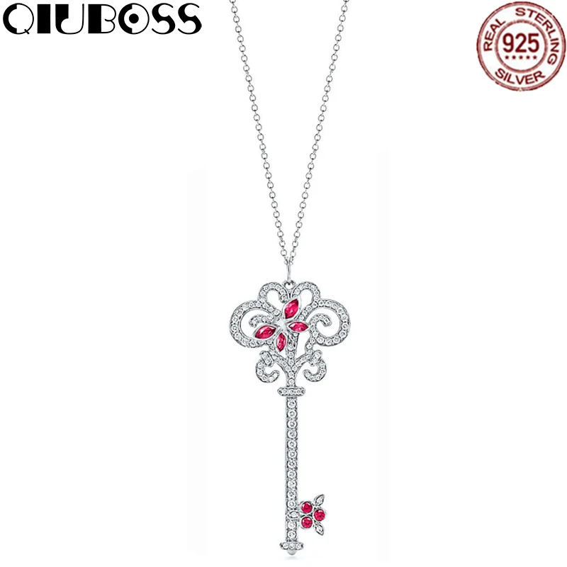 

QIUBOSS TIFF 925 Sterling Silver New Charm Elegant Green Radiant Zircon Key Pendant Necklace Red Charm Jewelry