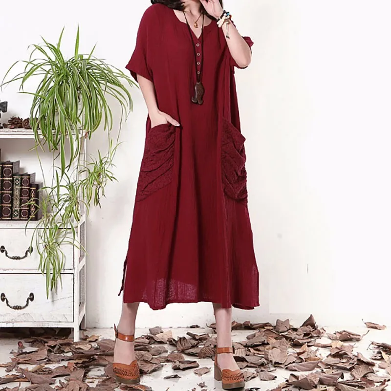 2019 الصيف فضفاض فساتين للنساء Casaul اللباس مثير خمر V الرقبة نصف كم جيوب فساتين Vestido دي فيستا زائد حجم