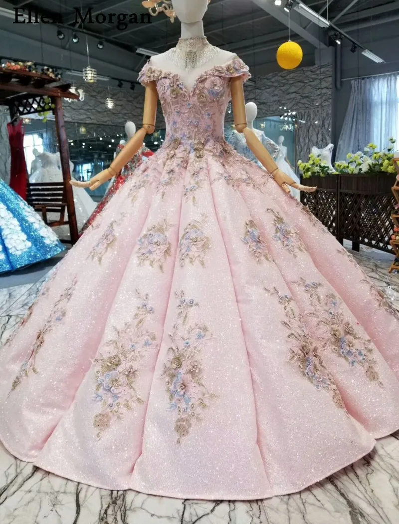 

Pink Glitter Fabric Lace Ball Gowns Wedding Dresses 2019 Custom Made Real Photos Corset 3D Flowers Pearls for Women Bridal Gowns