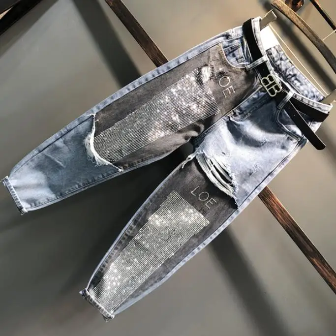 Goede Lente herfst mode AB gezicht hit kleur stiksels jeans vrouwen diamant enkellange hoge taille harembroek