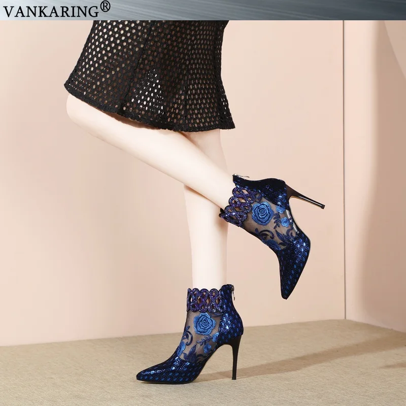 Брендовые туфли-лодочки из овечьей кожи и сетчатого материала Модные ботильоны для женщин, пикантные ковбойские ботинки с острым носком женские летние ботинки на высоком каблуке