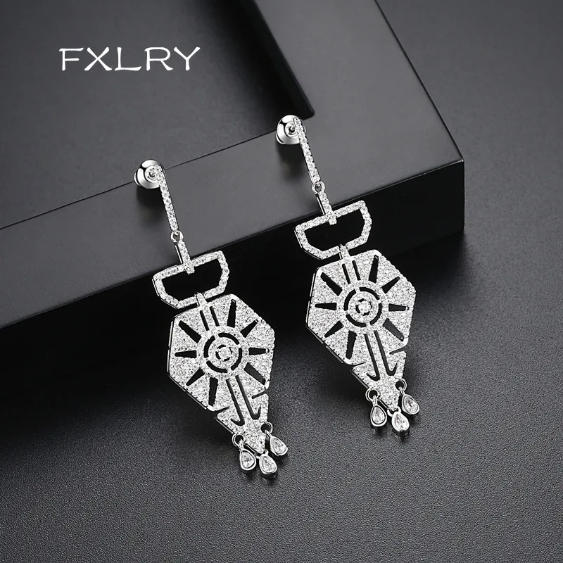 

FXLRY Luxury White color Micro-inlay Cubic Zircon Teardrop Geometric Chandelier Earrings For Women Wedding Jewelry