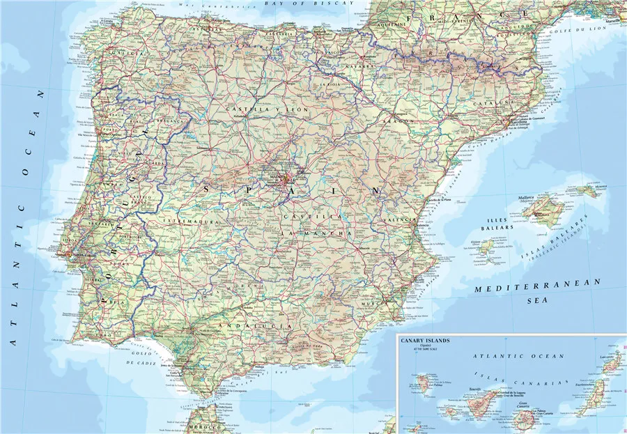 Большая Дорожная карта Испании и Испании с городами и аэропортами, печать плакатов на холсте, настенные художественные наклейки для кафе-бар