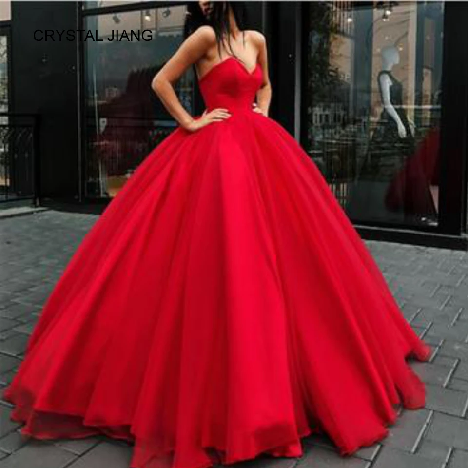 

CRYSTAL JIANG 2018 Red Ball Gown Prom Dress Vestido longo vermelho Strapless Satin Organza Big Fashion Dress Red Prom Dresses