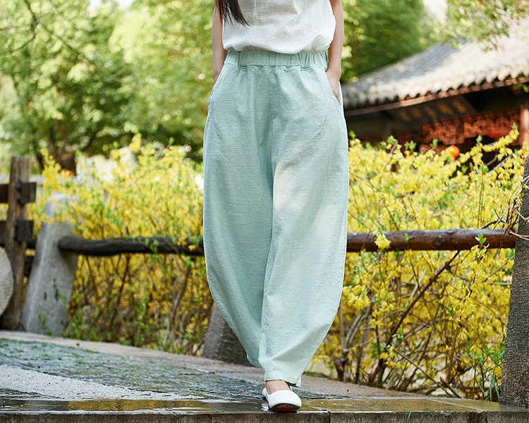 LZJN 2019 New Women Solid Color Pockets Loose Pants Vintage Elastic Waist Cotton Linen Wide Leg Full Length Pants (28)