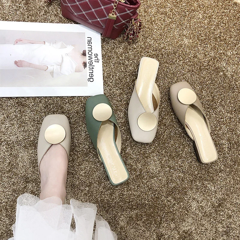 

Rivet Shoes Without Heel Slides Socofy Square Toe Low Women's Slippers 2019 Buckle Strap Flat Sliders Soft New Cover Luxury