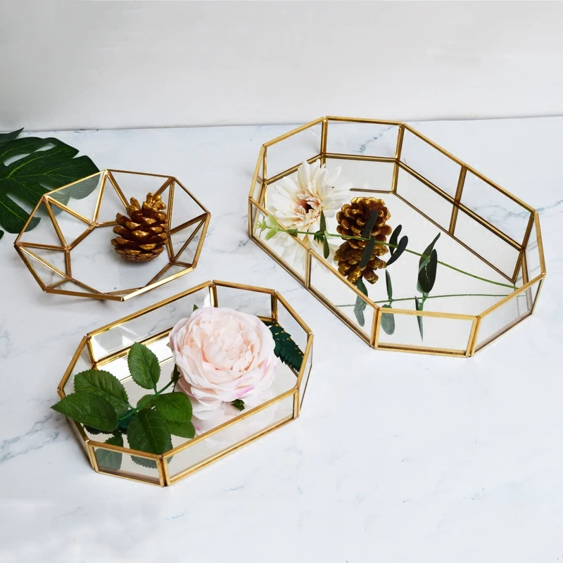 

European INS Retro Gold Bronze Hexagonal Box Glass Jewelry Box Home Decor Dessert Cake Display Box Plate Nordic Gold Tray