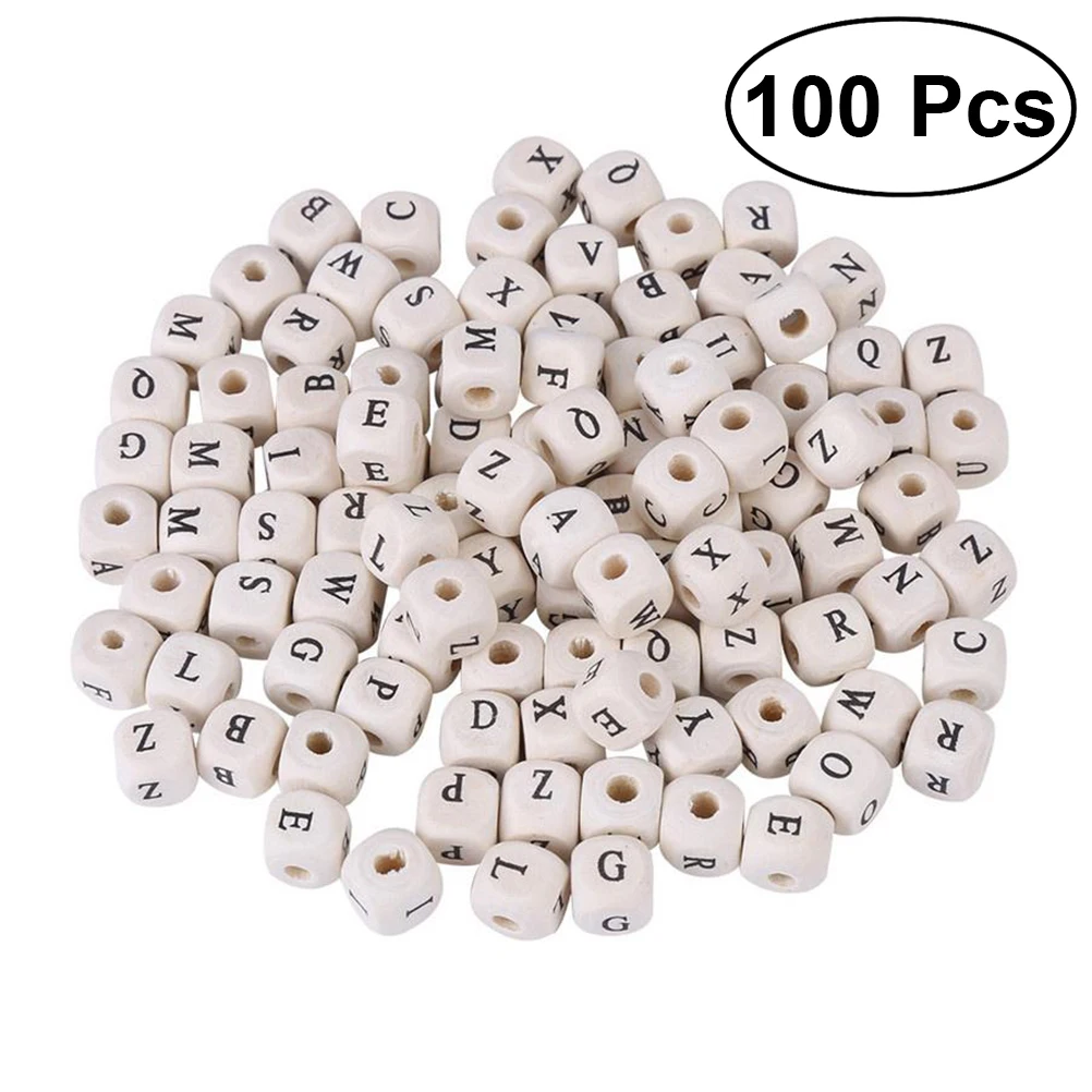 

100pcs Mix English Alphabet Wooden Beads Letters Print Cube Wood Beads For Jewelry Making DIY Bracelet Or Necklace (Wood Color)