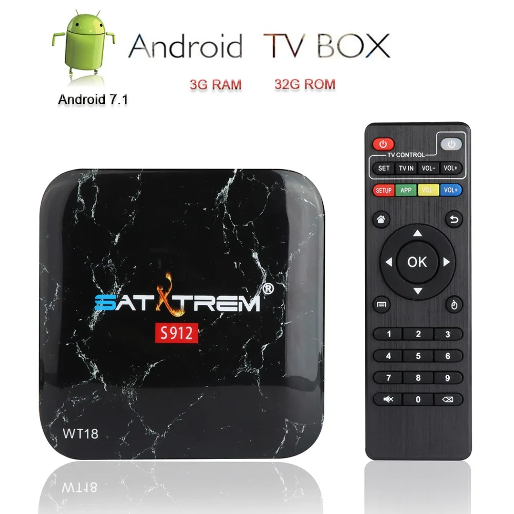

Satxtrem Android 7.1 TV Box 4K Smart Box IPTV WT18 Set Top Box H.265 Media Player 3G RAM/32G ROM Amlogic S912 Dual WiFi BT4.0
