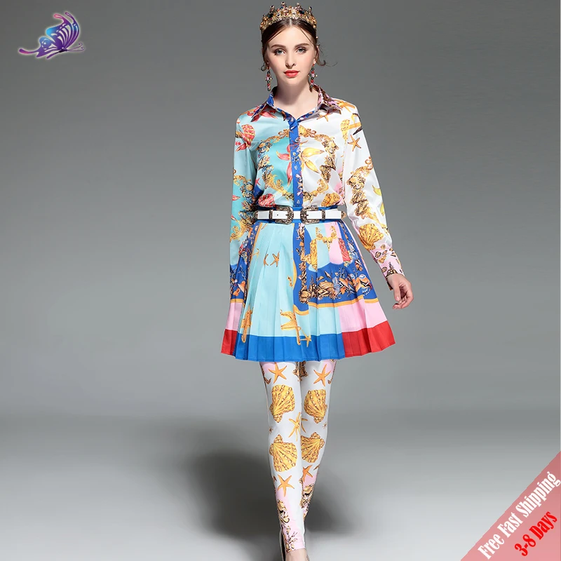 

Fashion Runway Designer Suit New Women Three-Pieces Set Sea world Printed Tops and Skirt and Pants Set High Quality 2019