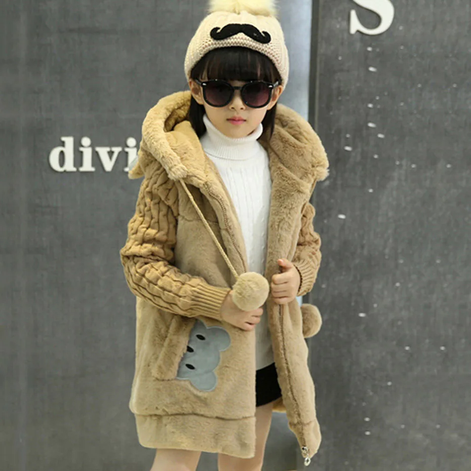 Зимнее пальто для девочек длинная парка, верхняя одежда детские зимние пальто с рисунком кролика пуховик для подростков для девочек 6, 8, 10, 12, 14 лет - Цвет: Gray