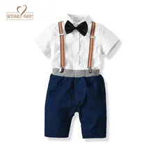 Новая летняя одежда для мальчиков рубашка с галстуком-бабочкой+ штаны на подтяжках 2 цвета, официальная одежда вечерние костюмы на свадьбу одежда для малышей
