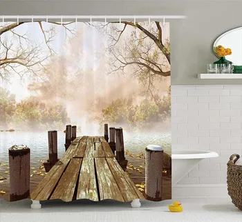 

Shower Curtain Collection, Ocean Decor Fall Wooden Bridge Seasons Lake House Nature Country Rustic Home Art Paintings Pictures f