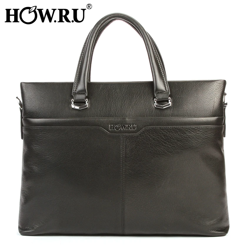 

HOW.R.U Genuine Cowhide Leather Mens Briefcases Computer Laptop Bag High Quality Men Handbag Messenger Bags Office Bags for Men