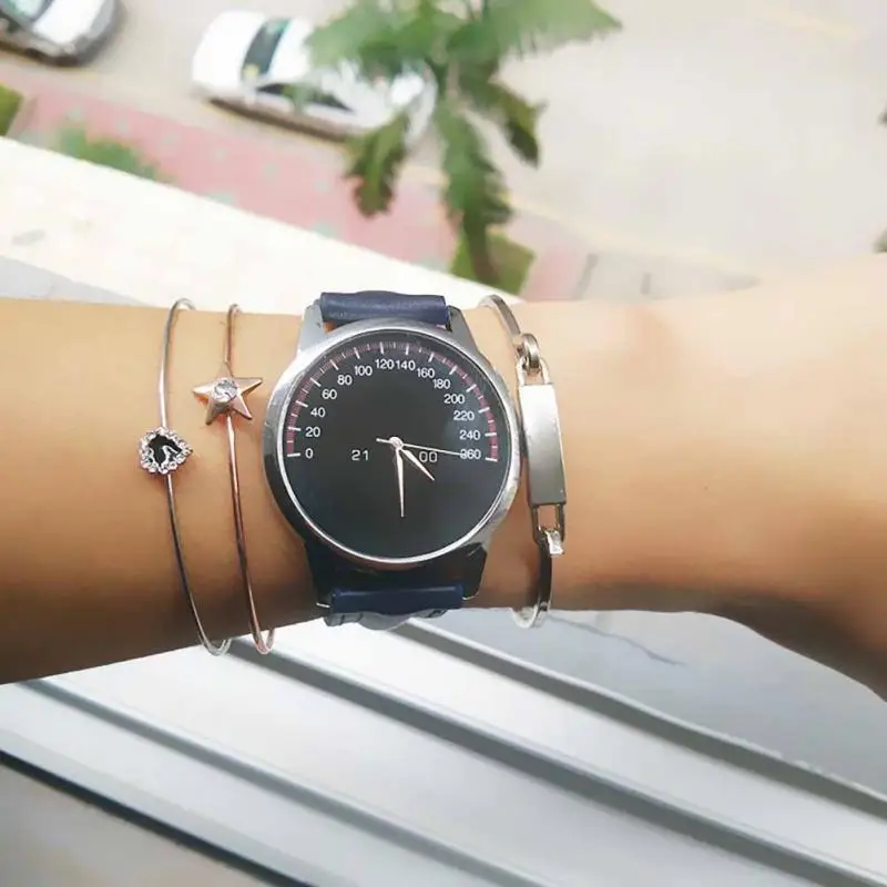 Unisex Couple Quartz Casual Watch Leather Band - Black