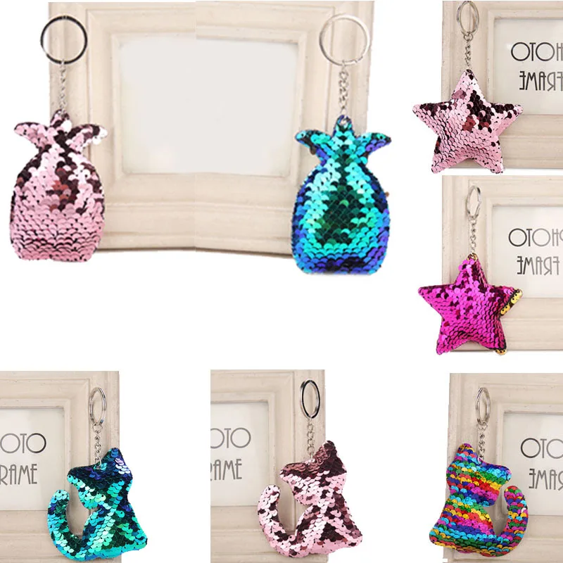

2018 Unique Cute Sequins Key Chain 1PC 9 Models Mermaid Cat Ananas Star Women And Girls Car Bag Accessories