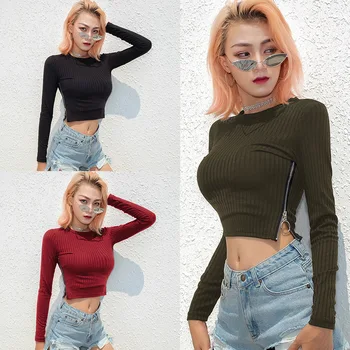 

European and American Spring and Autumn Women's Clothing Side Zipper Open Fork Short Long Sleeve T-shirt Nurse's Body Garment