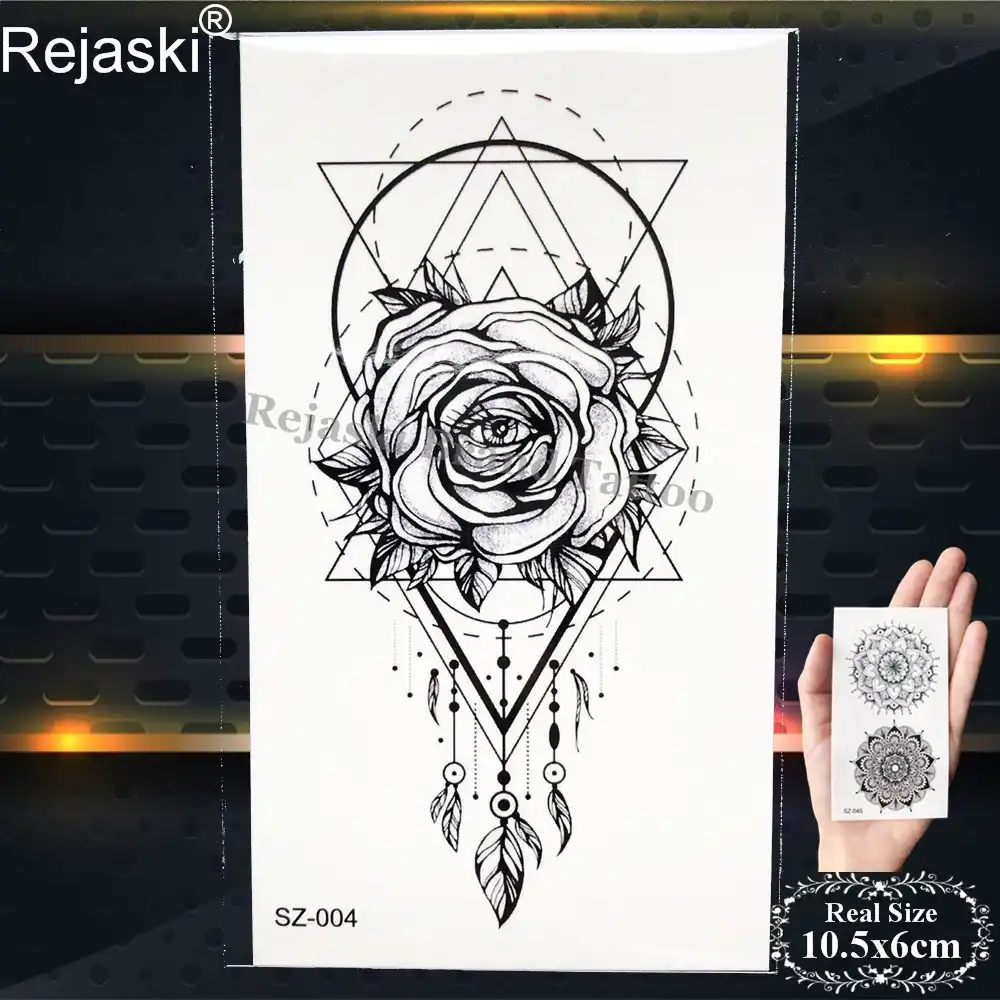Rejaski Petit Géométrique Femmes Tatouage Autocollant Noir Oeil Rose Fleur Totem Temporaire Tatouage Hommes Ak47 Pistolet M416 Faux Tatoo Corps Bras