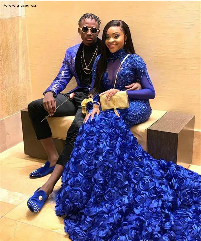 Gorgeous Royal Blue Mermaid Prom Dresses 2019 African Girls Sheer Long Sleeve Appliques Sequins Long Event Dress For Prom Season  248 (3)