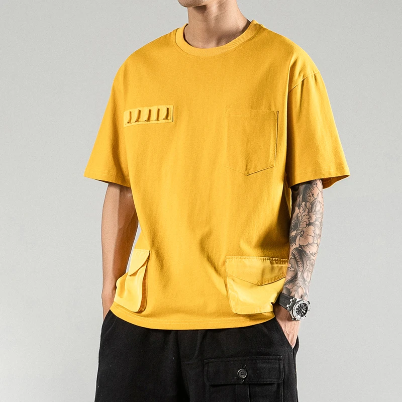 

Japan style cotton t-shirt men Multi-pocket tops tees hip hop streetwear t shirts plus size o-neck short sleeve loose tshirt man