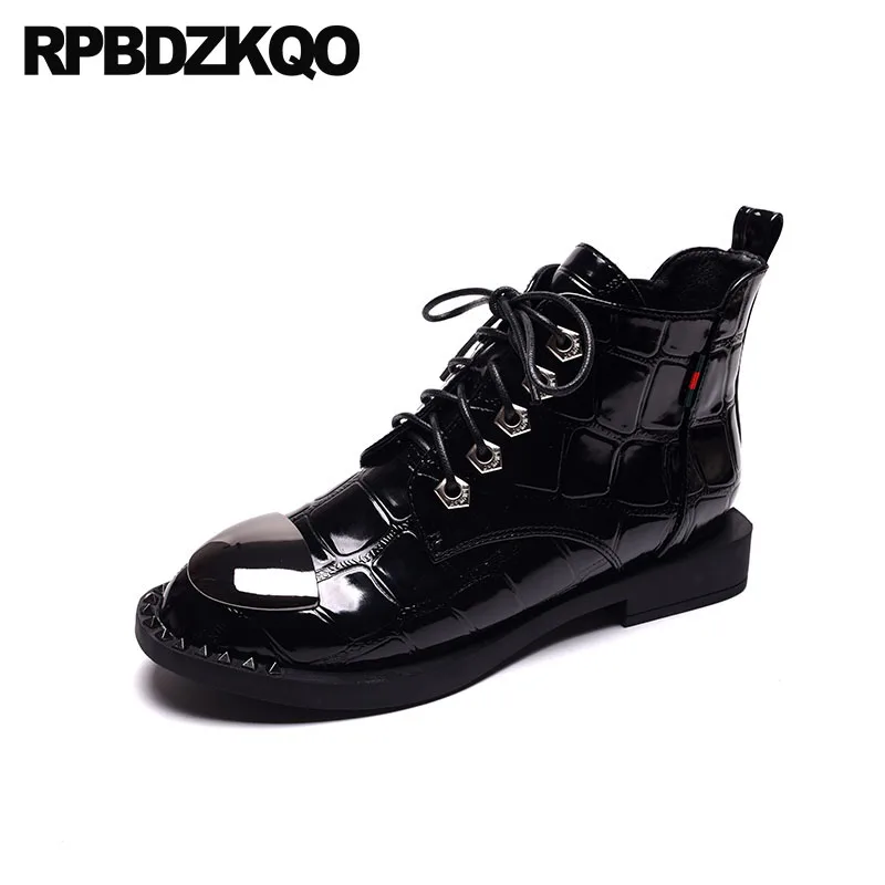 

Fur Designer Shoes Combat Patent Leather Lace Up Round Toe Military Women Boots Winter 2018 Metal Chunky Booties Black Short