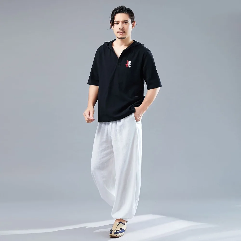 LZJN 2019 Men's Shirt Summer Style Hooded Short Sleeve Blouse Top Men New Casual Embroidery Cotton Linen Shirt Camisas De Hombre (27)