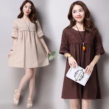 Кружевное лоскутное платье с высокой талией из хлопка и льна, Повседневное платье размера плюс, Свободная Женская одежда, платья с коротким рукавом коричневого цвета