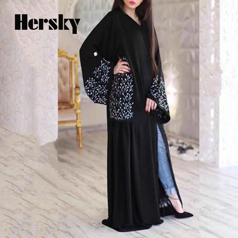 

New Middle East Dubai Black Open Abaya Kaftan Turkish Muslim Women Printing Dress Islamic Lady Caftan Dresses Clothing With Belt
