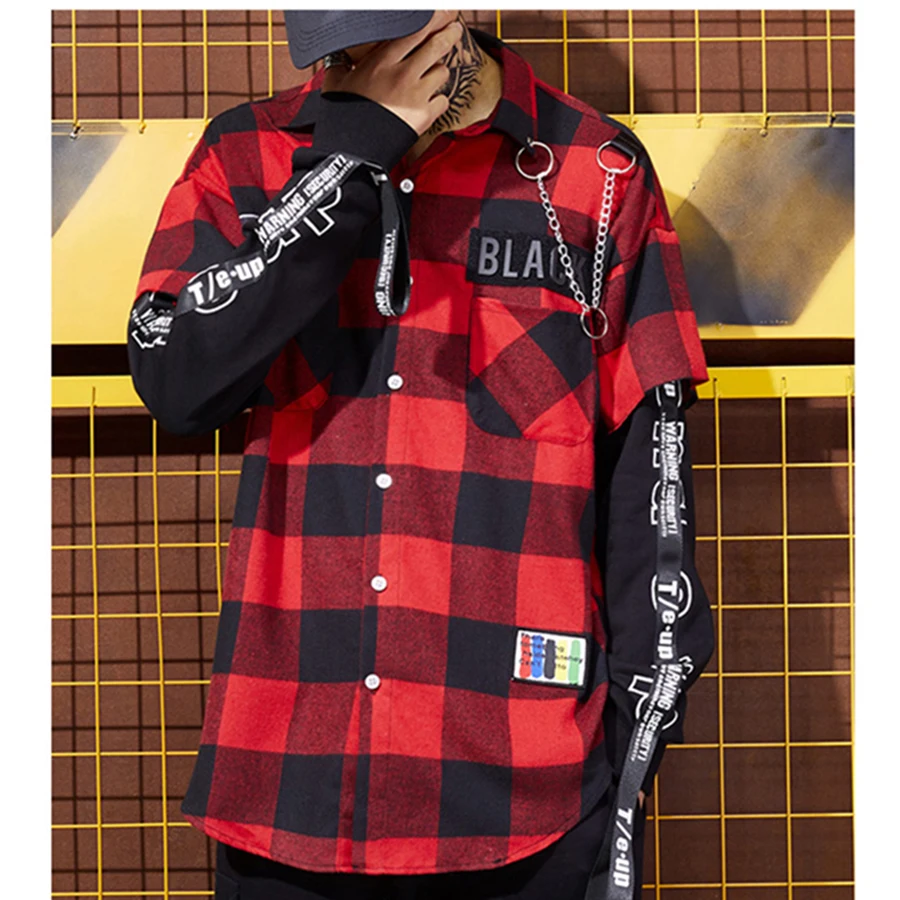 Goede Zwarte En Rode Plaid Patchwork Shirt Mannen Hip Hop Geruite Koreaanse Fashion Streetwear Mannen Shirts Button Up Punk Mens Jurk shirts