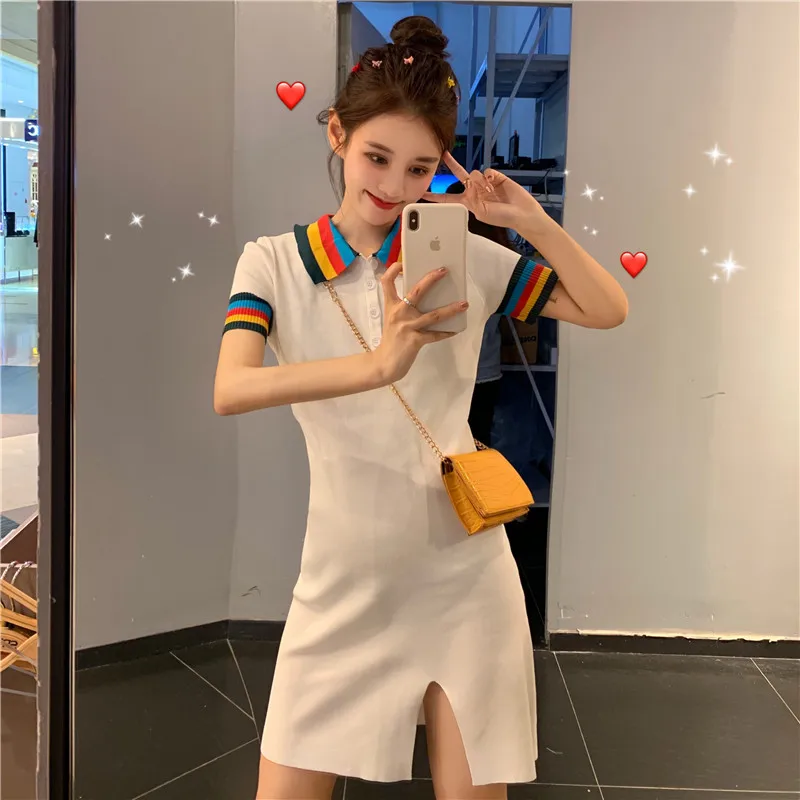 

2019 Summer Colorful Rainbow Striped Women Dress Casual Pullover Turn Down Collar Short Sleeve Stretch Split Mini Knitted Dress