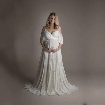 

Le Couple Maternity Lace Photo Long Dress Slip Strap Sleeve Pregnancy Photography Props Dress Baby Shower Lace Dress