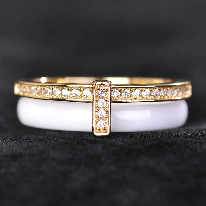 

Blucome Fashion Copper Double Rings Zircon Ceramics Jewelry Women Girls Wedding Bridal Party Finger Accessories With Gift Box