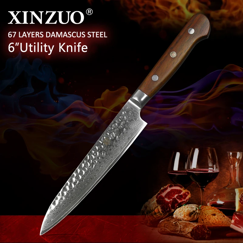 XINZUO 6'' Utility Knife vg10 Damascus Steel Kitchen Utility Knives for vegetables Rosewood Handle Stainless Steel Paring Knife XINZUO 6'' Utility Knife vg10 Damascus Steel Kitchen Utility Knives for vegetables Rosewood Handle Stainless Steel Paring Knife