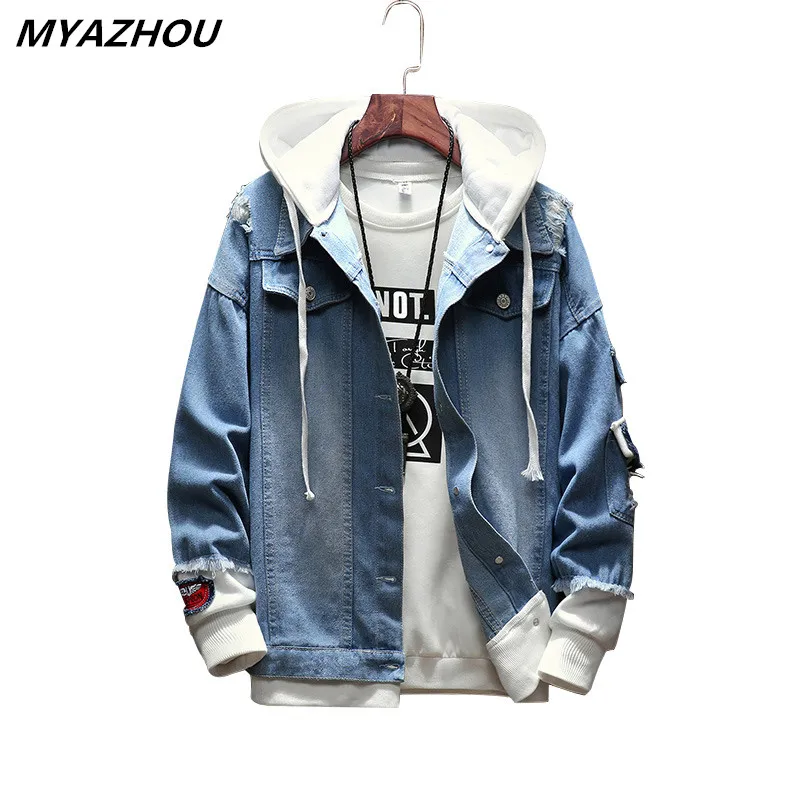 

Men's denim jacket 2019 stitching fake two-piece hole embroidery hooded jacket fashion men's hip hop casual loose jacket S-3XL