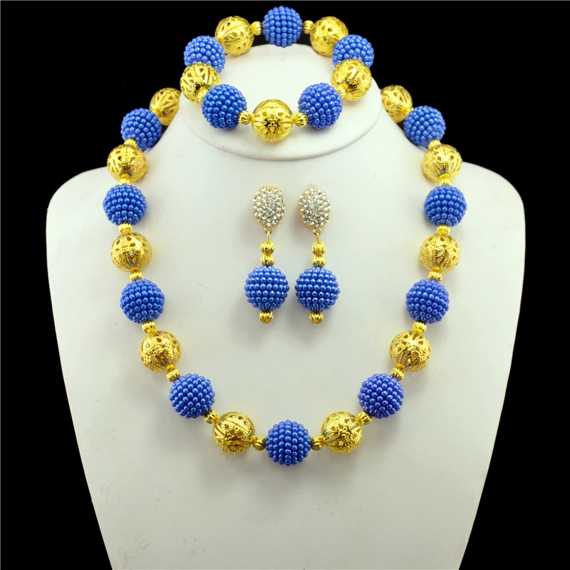 

One Row Blue African Beads Jewelry Set Nigerian Wedding African Beads Crystal Jewelry Sets Adornment Beads Necklace Set