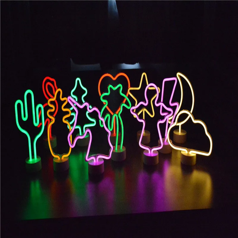 Светодиодный неоновый Ночной светильник в форме ананаса, кактуса, с базой, на батарейках, настольная лампа для детской комнаты, отдыха